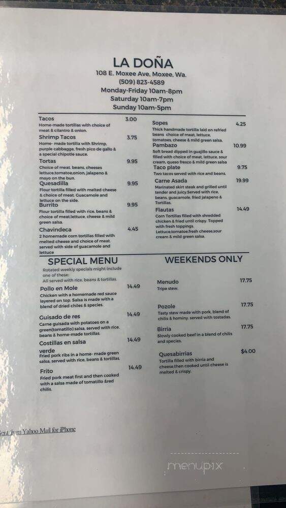 La Dona - Moxee, WA menu_pic