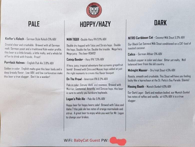 BabyCat Brewery - Kensington, MD menu_pic