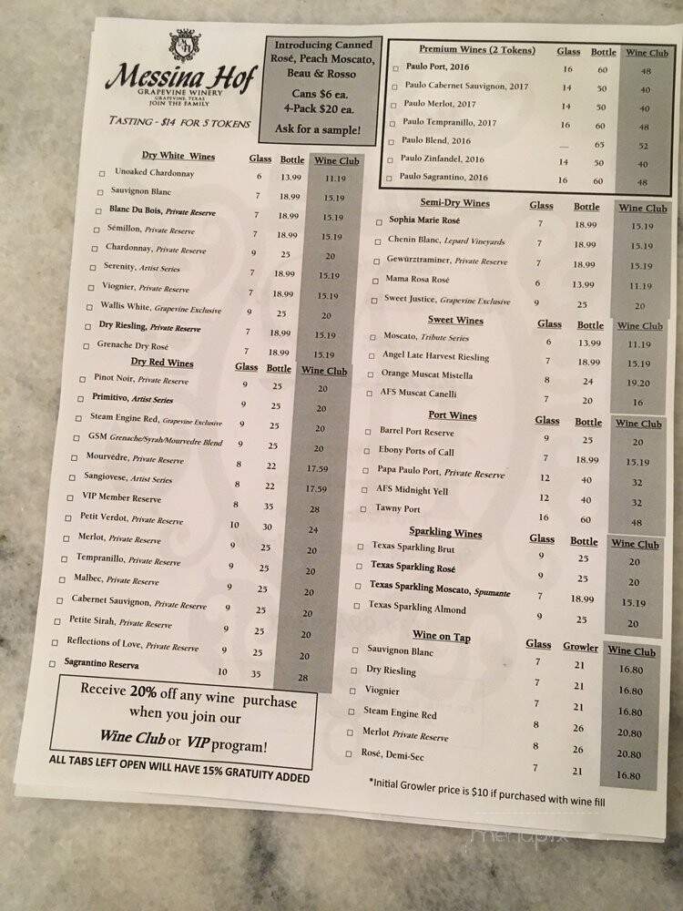 Messina Hof Grapevine Winery - Grapevine, TX menu_pic