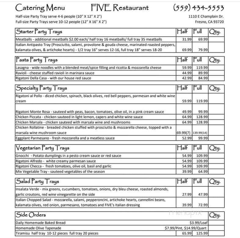 Five Restaurant - Fresno, CA menu_pic