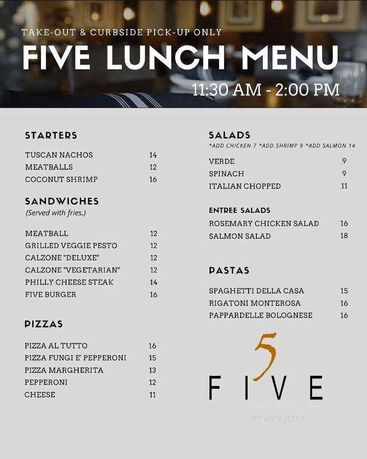 Five Restaurant - Fresno, CA menu_pic
