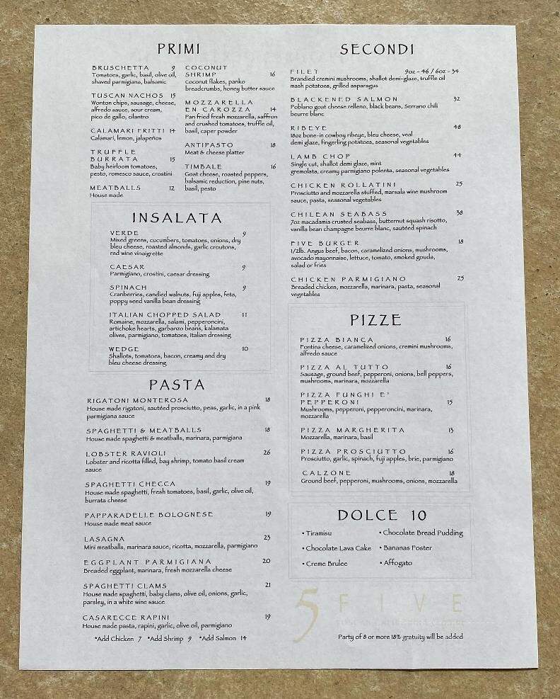 Five Restaurant - Fresno, CA menu_pic