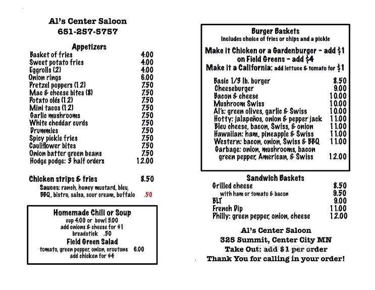 Al's Center Saloon - Center City, MN menu_pic