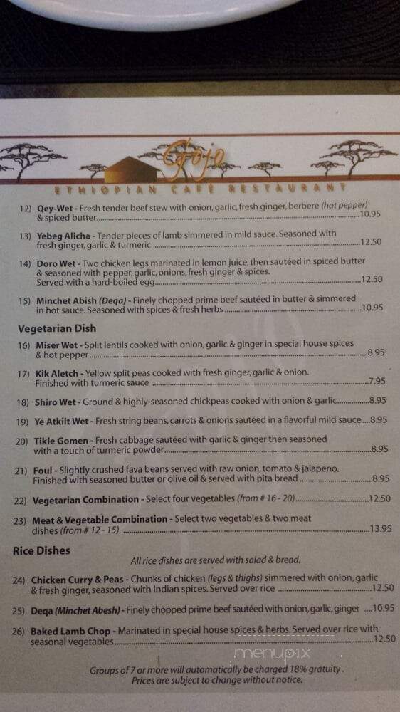 Gojo Ethiopian Cafe & Restaurant - Nashville, TN menu_pic