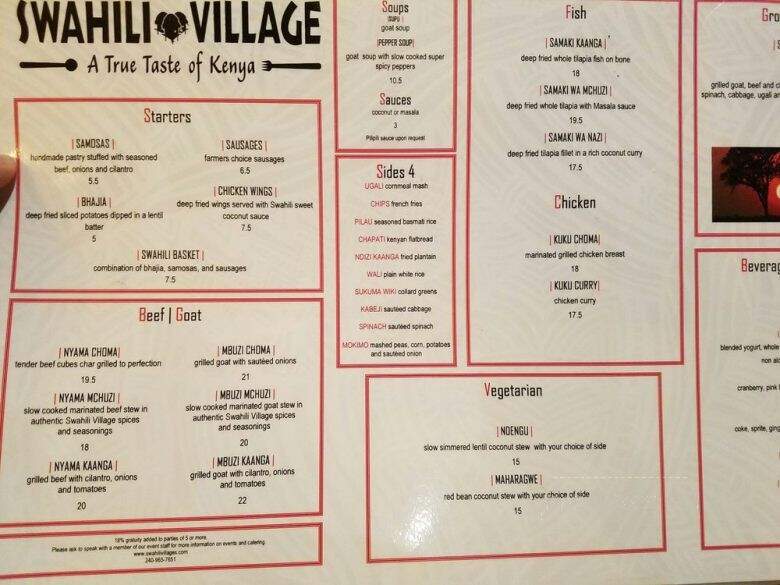 Swahili Village Bar and Restaurant - Beltsville, MD menu_pic