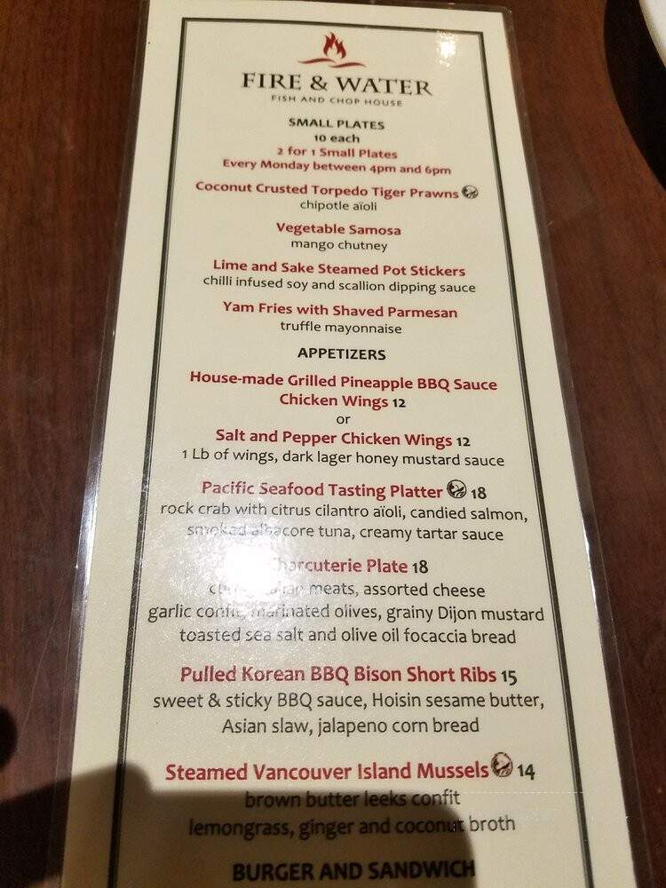 Fire & Water Fish and Chop House - Victoria, BC menu_pic