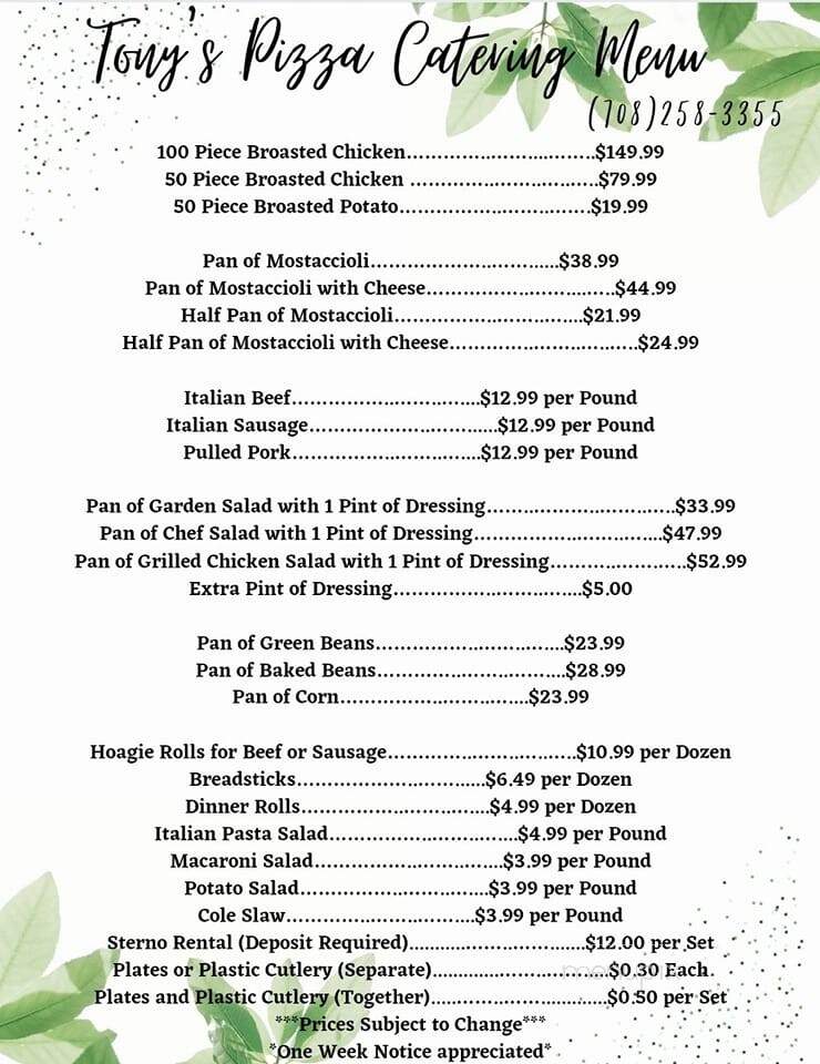 Tony's Pizza Of Peotone - Peotone, IL menu_pic