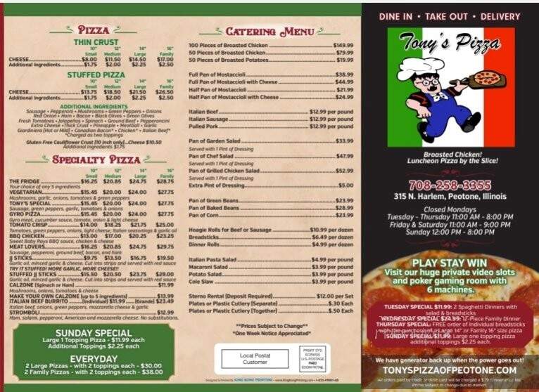 Tony's Pizza Of Peotone - Peotone, IL menu_pic