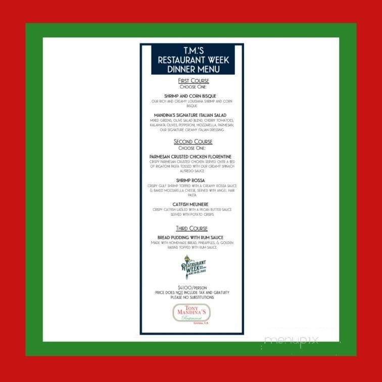 Tony Mandina's Restaurant - Gretna, LA menu_pic