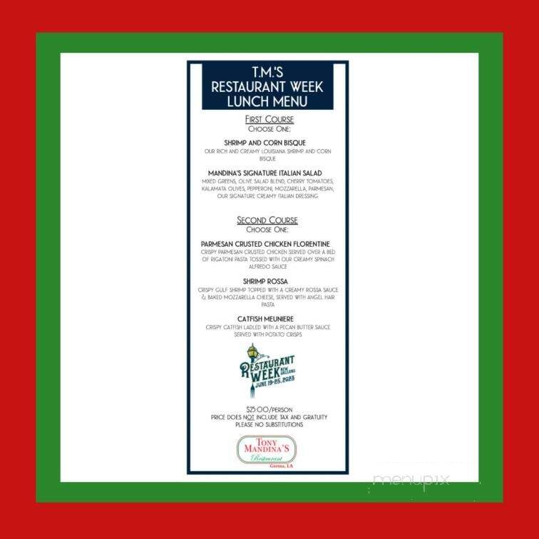 Tony Mandina's Restaurant - Gretna, LA menu_pic