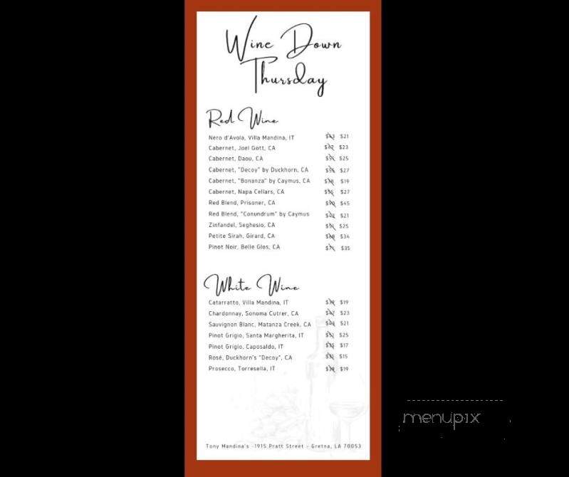 Tony Mandina's Restaurant - Gretna, LA menu_pic