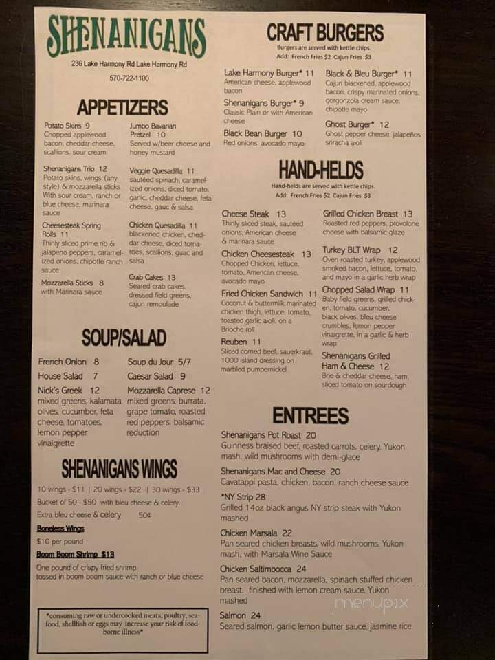 Shenanigan's Of Lake Harmony - Lake Harmony, PA menu_pic