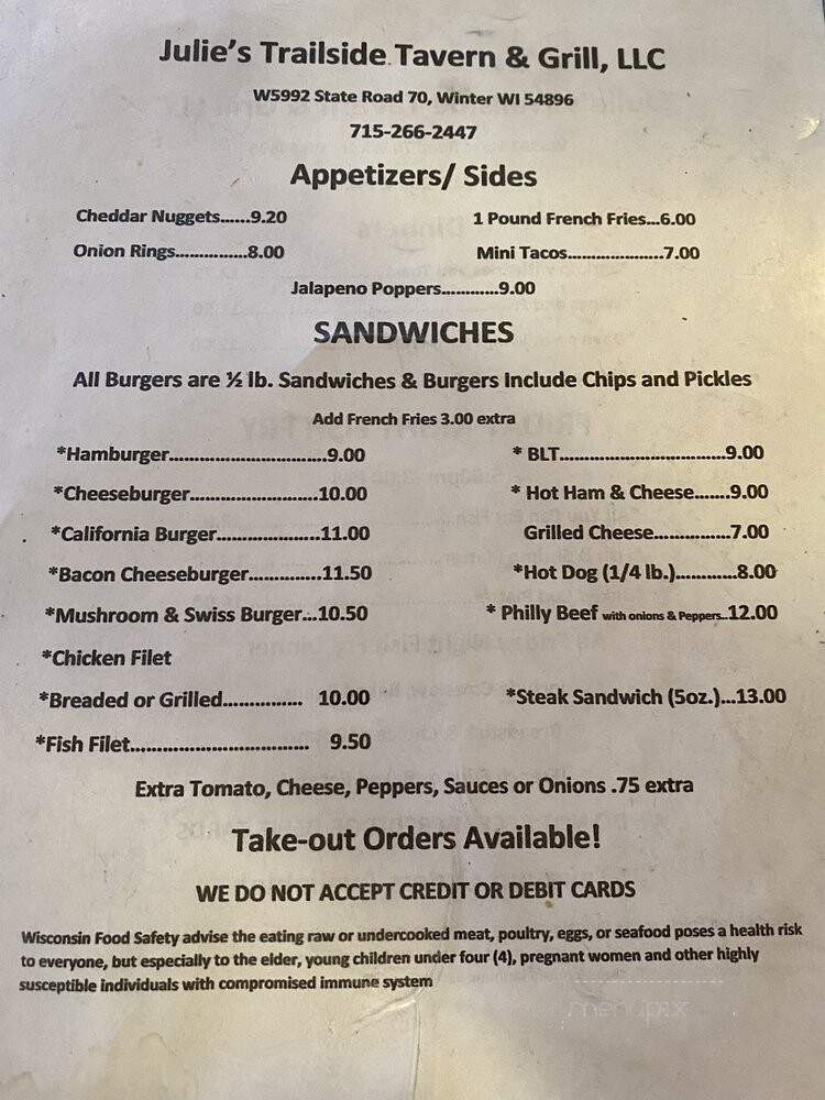 Julie's Trailside Tavern - Winter, WI menu_pic