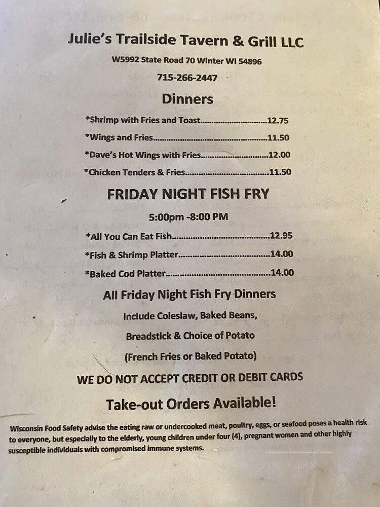 Julie's Trailside Tavern - Winter, WI menu_pic
