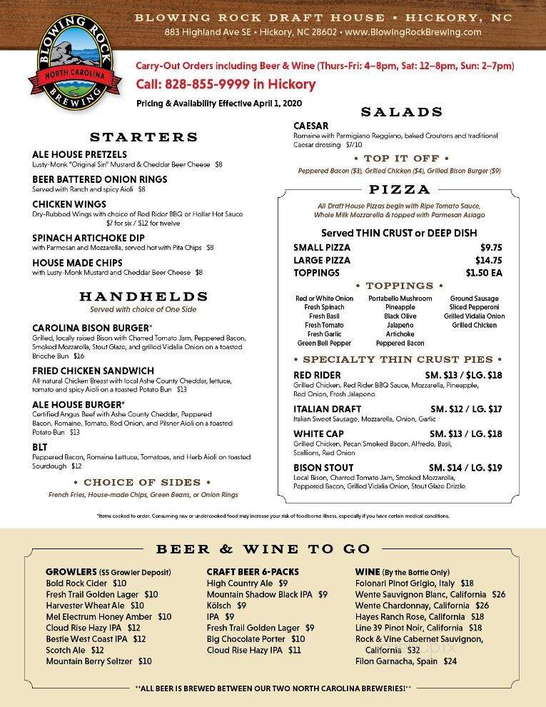 Blowing Rock Draft House & Brewery - Hickory, NC menu_pic