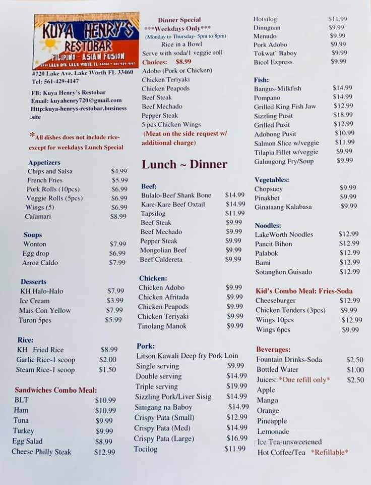 Kuya Henry's Restobar - Lake Worth, FL menu_pic