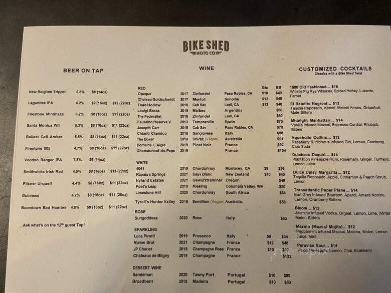 Bike Shed Moto Co - Los Angeles, CA menu_pic