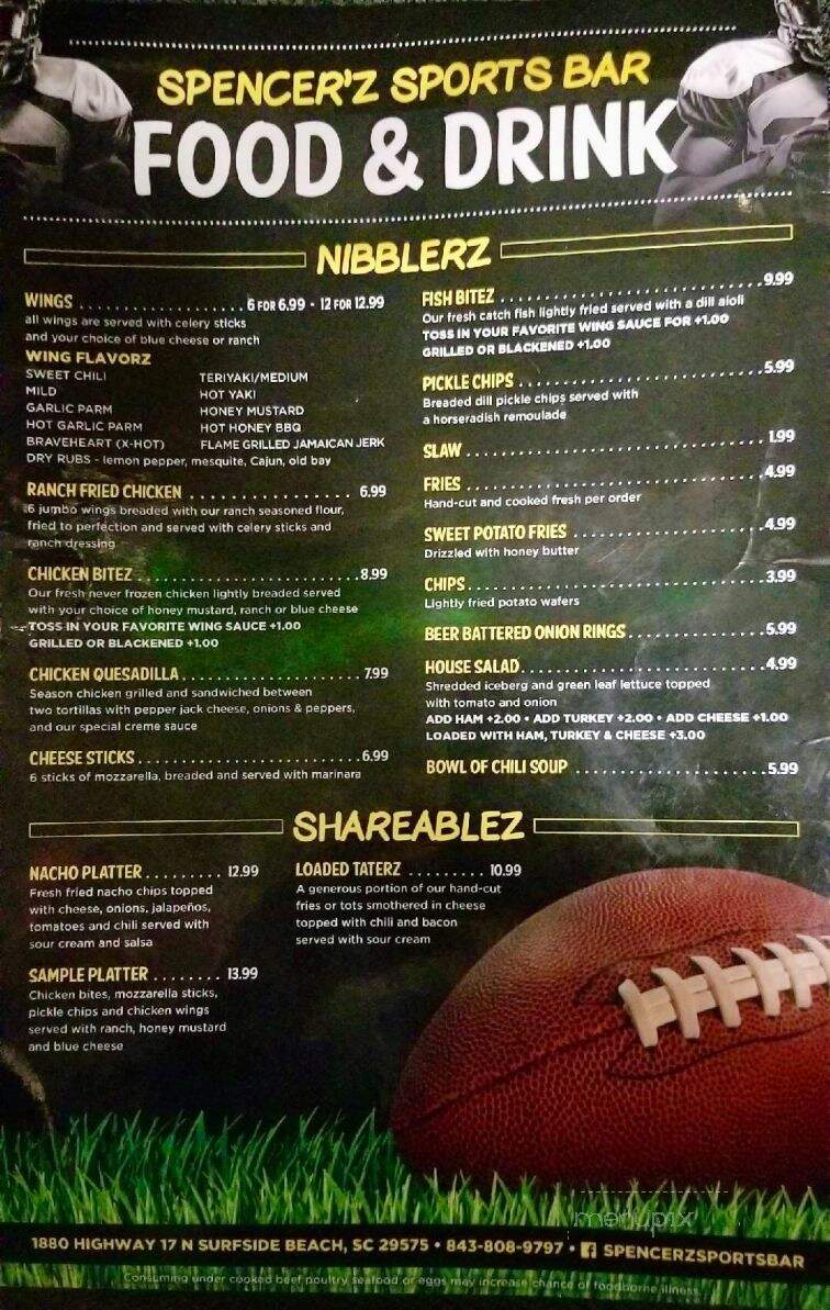 Spencerz Sports Bar - Surfside beach, SC menu_pic