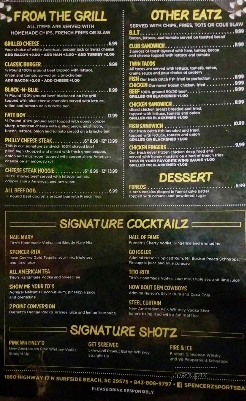 Spencerz Sports Bar - Surfside beach, SC menu_pic