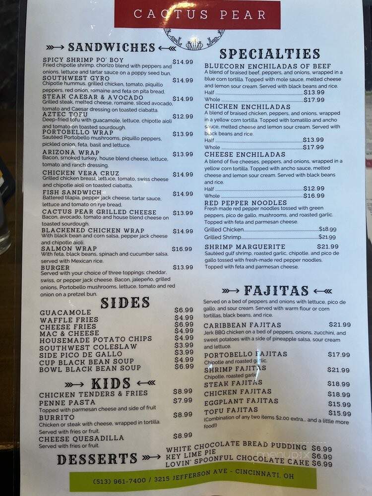 Cactus Pear Restaurant - Cincinnati, OH menu_pic