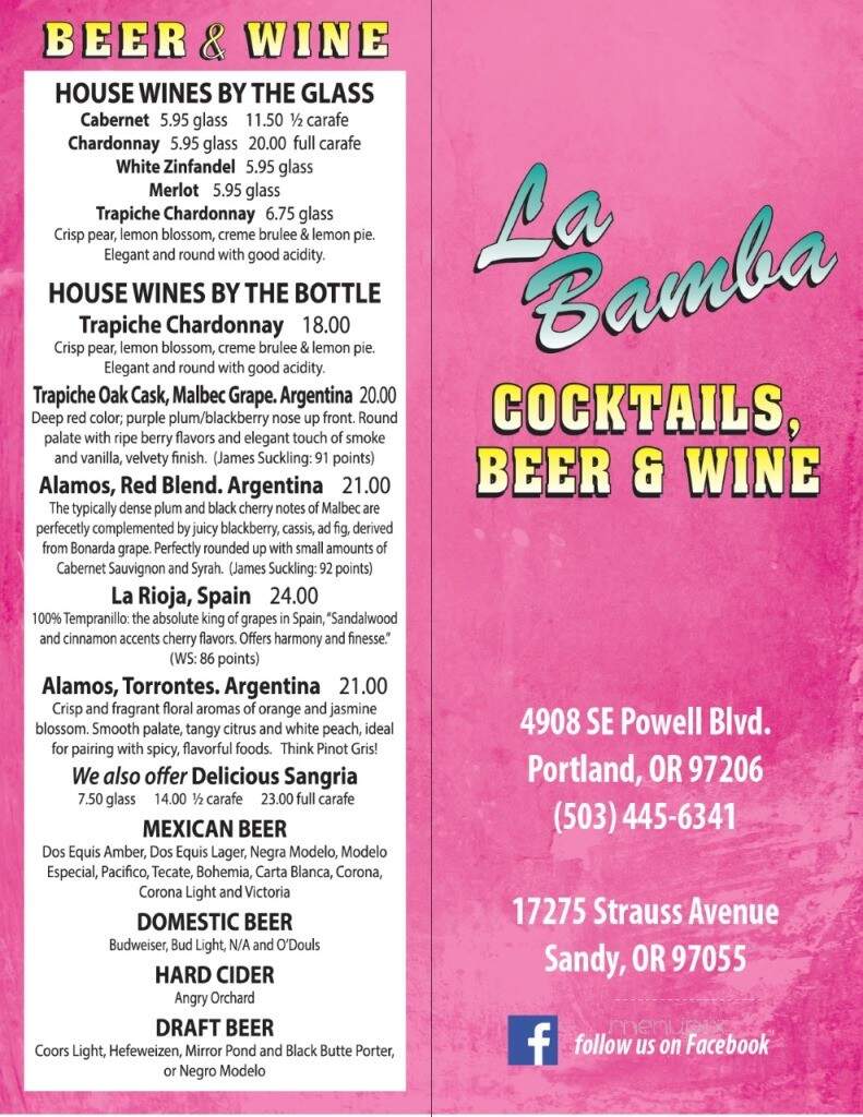 La Bamba - Sandy, OR menu_pic