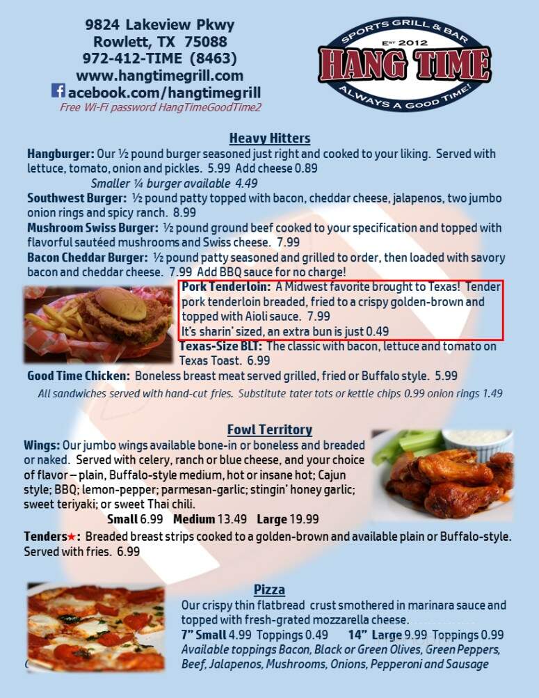 Hang Time Sports Grill & Bar - Rowlett, TX menu_pic