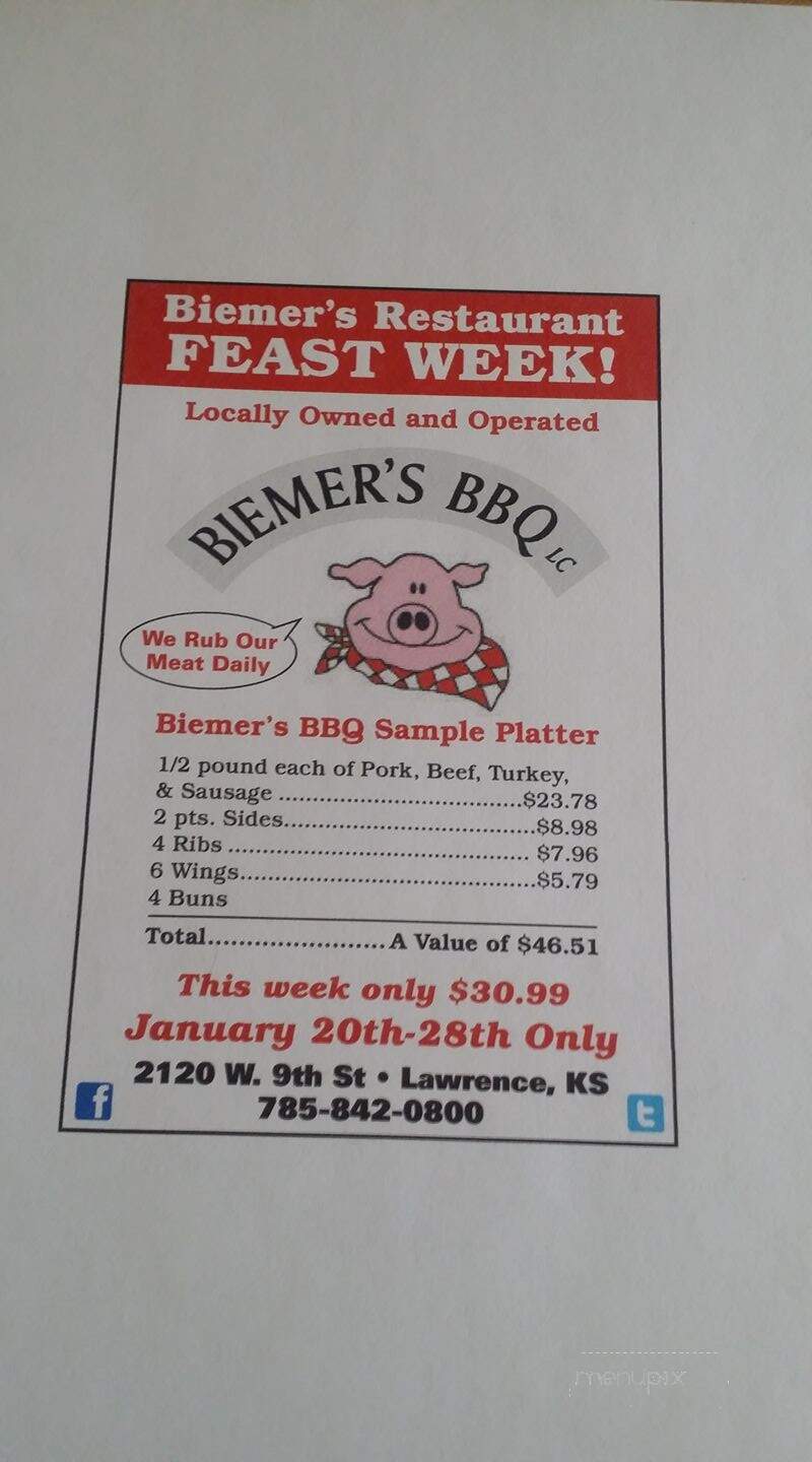 Biemer's BBQ - Lawrence, KS menu_pic