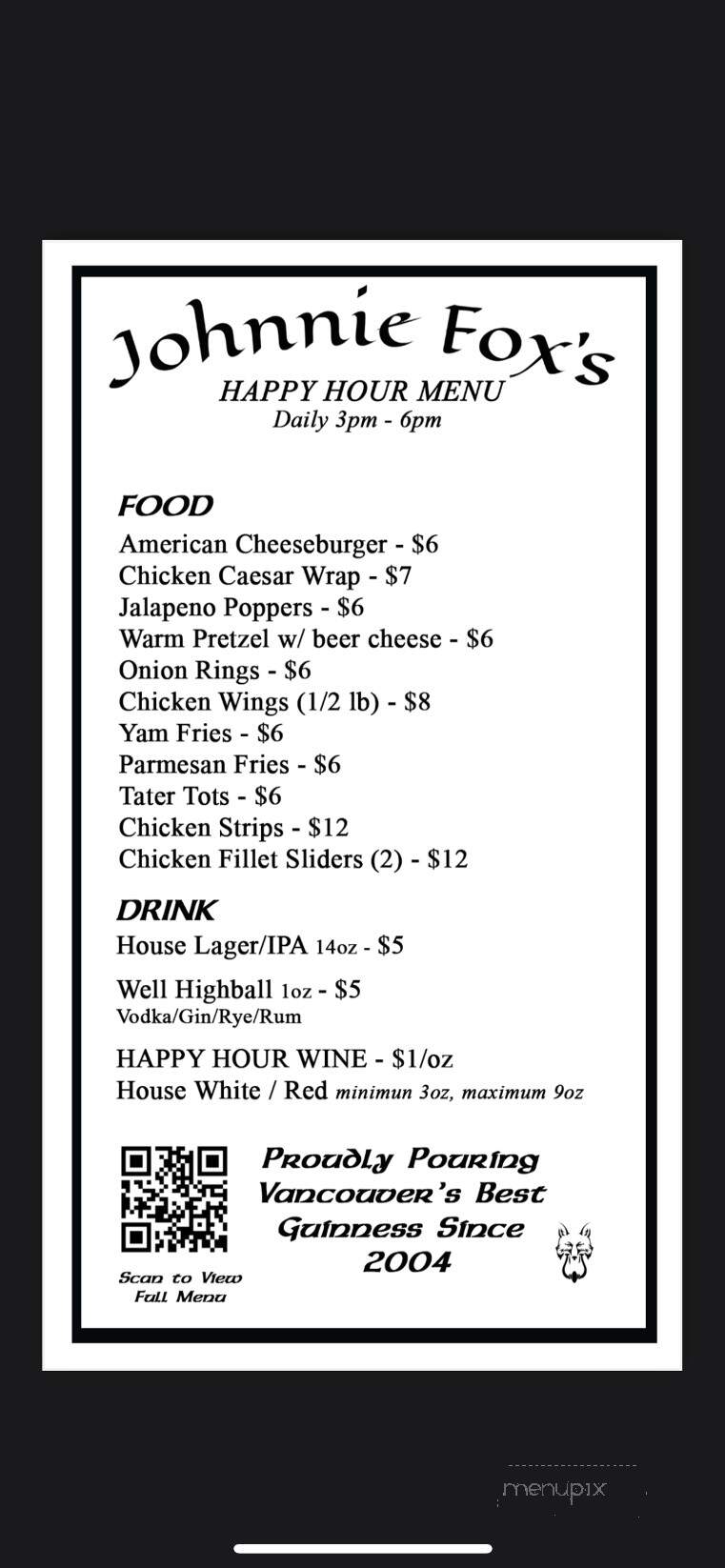 Johnnie Fox's Irish Snug - Vancouver, BC menu_pic