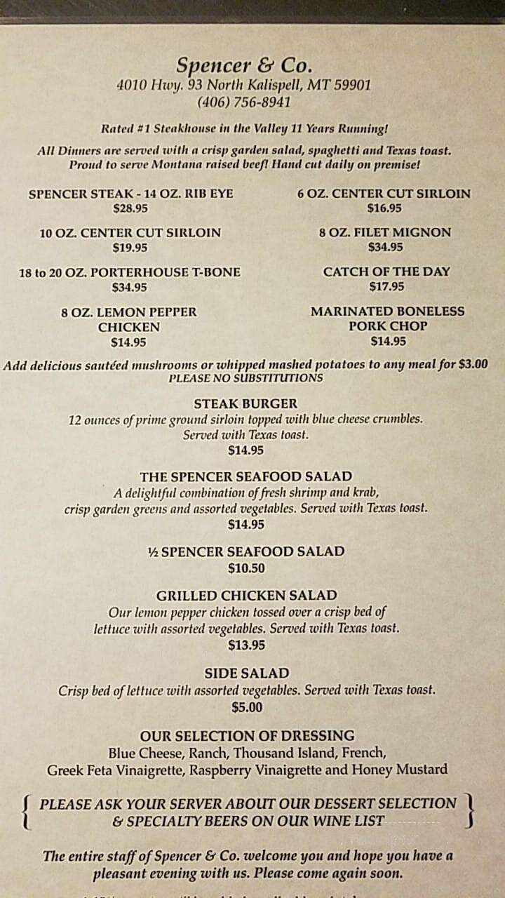Spencer & Co - Kalispell, MT menu_pic