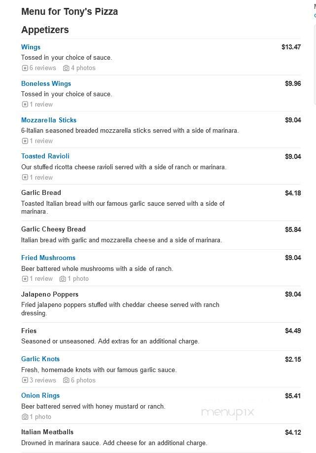 Tony's Pizza - Hickory, NC menu_pic