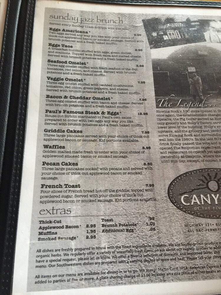 Canyons Restaurant - Blowing Rock, NC menu_pic
