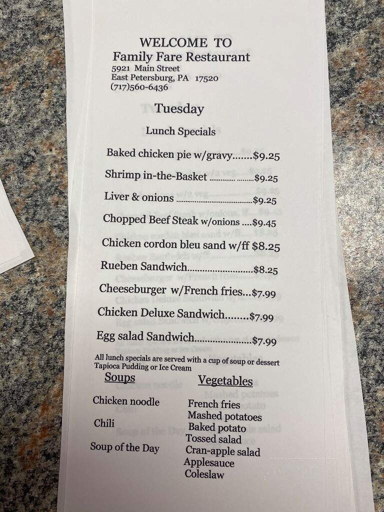 Family Fare Restaurant - East Petersburg, PA menu_pic