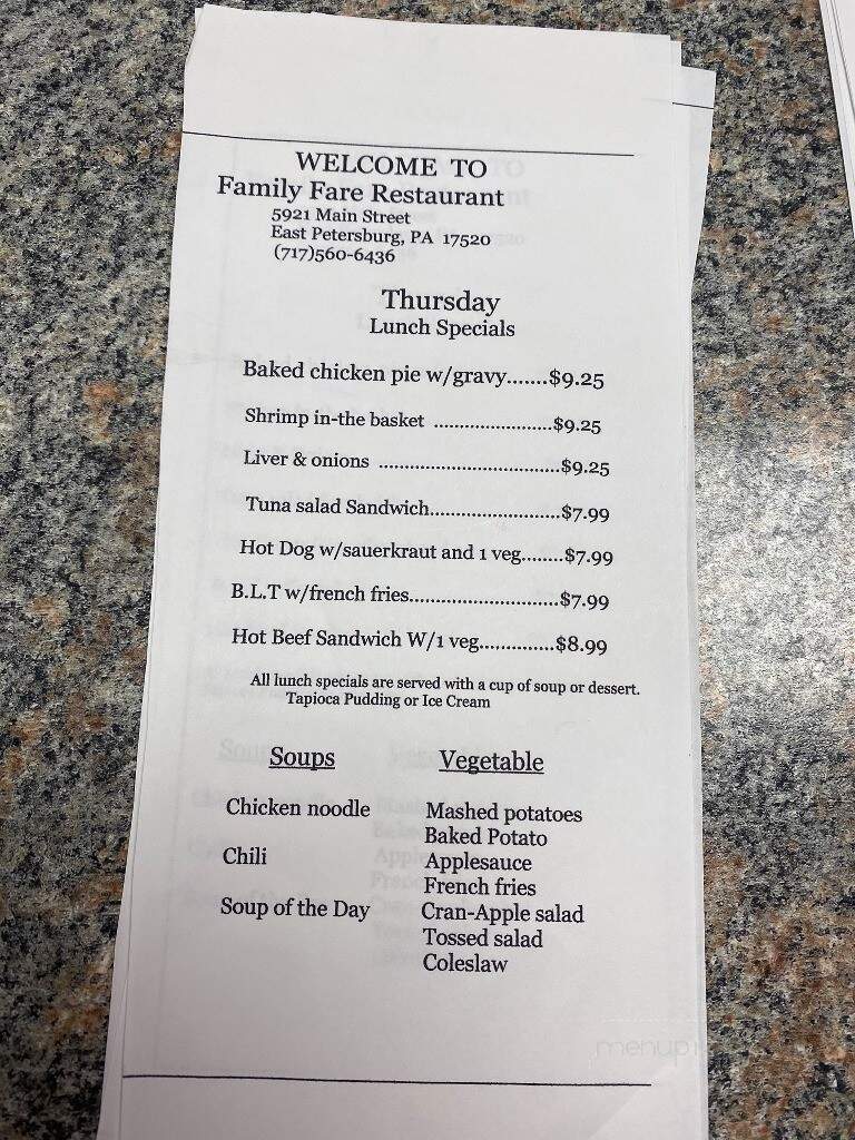 Family Fare Restaurant - East Petersburg, PA menu_pic