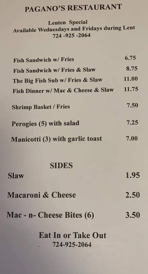 Pagano's Restaurant - New Stanton, PA menu_pic