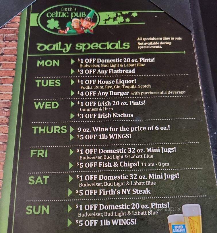 Firth's Celtic Pub - Hamilton, ON menu_pic