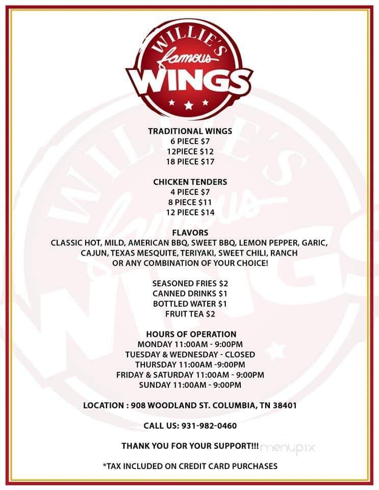 Willie's Famous Wings - Columbia, TN menu_pic