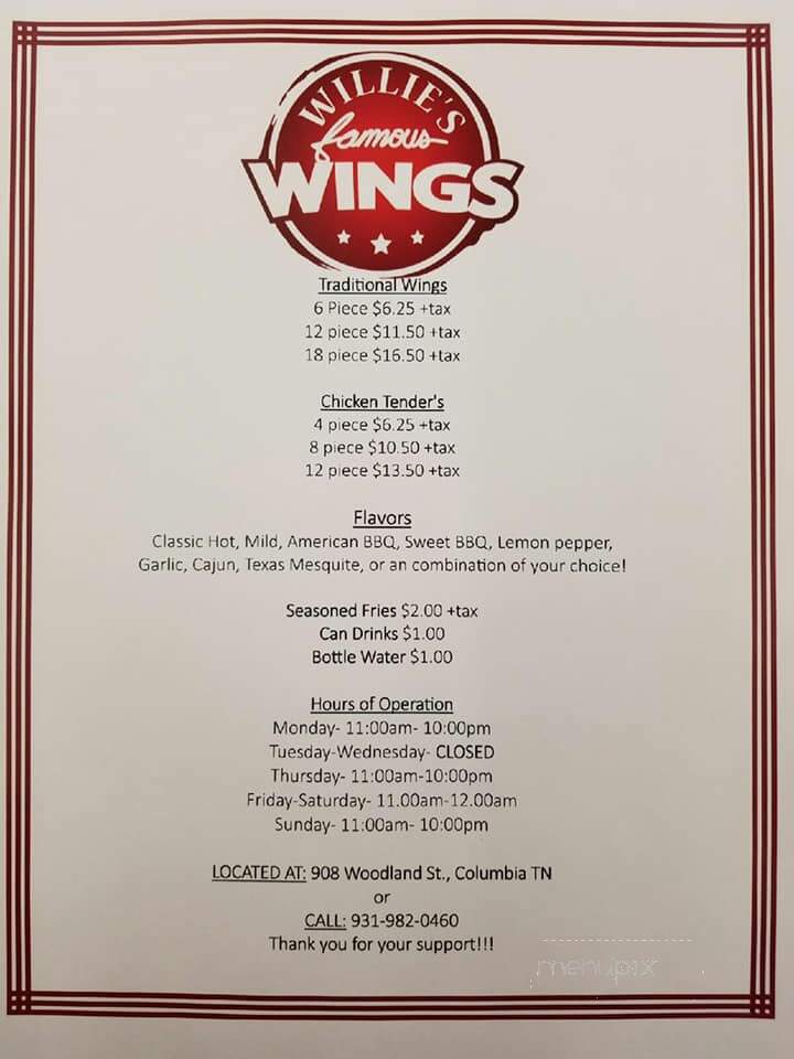 Willie's Famous Wings - Columbia, TN menu_pic