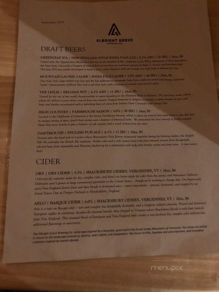 Albright Grove Brewing - Knoxville, TN menu_pic