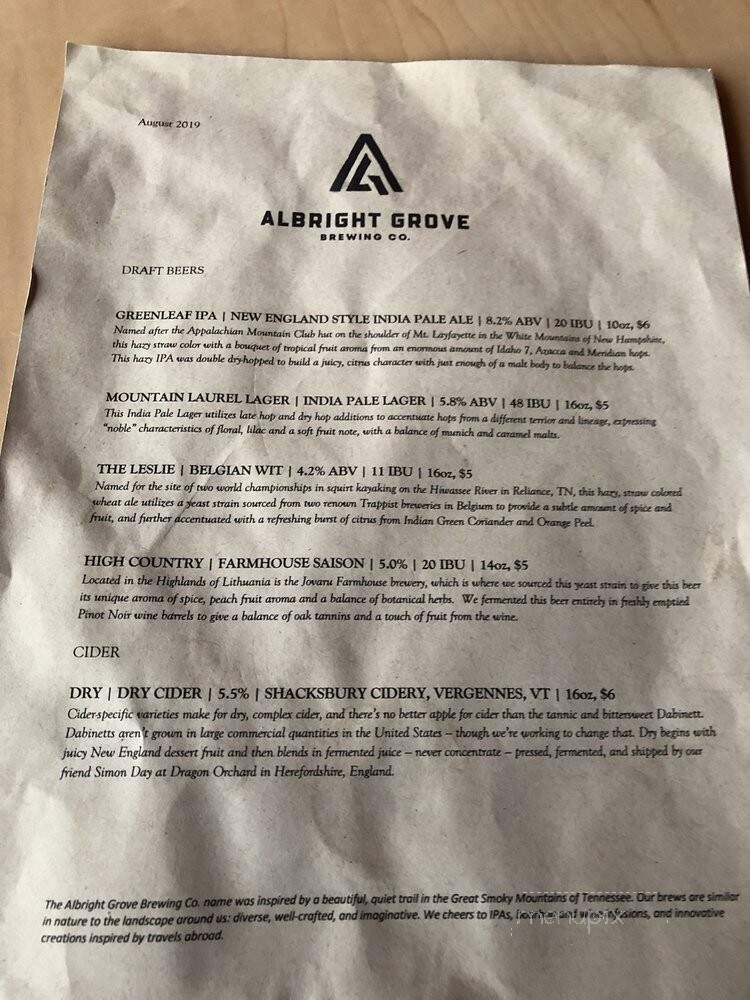 Albright Grove Brewing - Knoxville, TN menu_pic