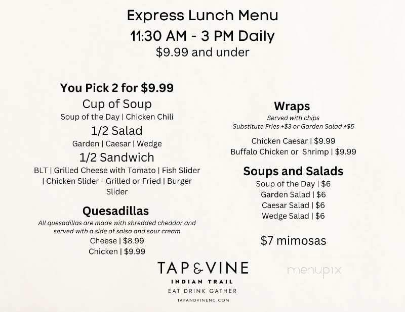 Tap and Vine - Indian Trail, NC menu_pic