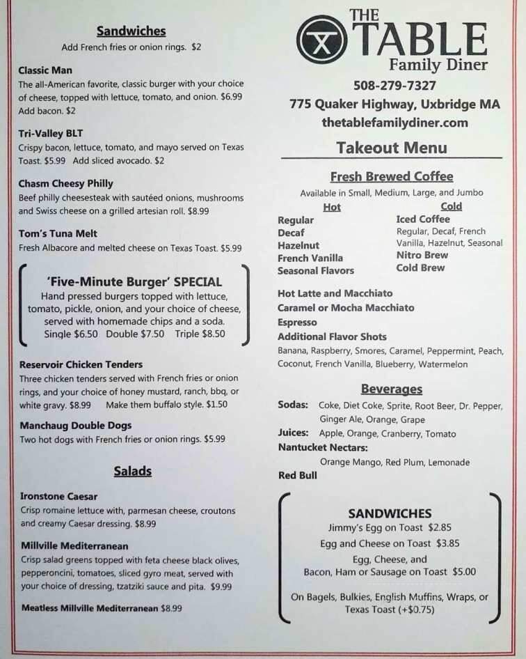 The Table Family Diner - Uxbridge, MA menu_pic