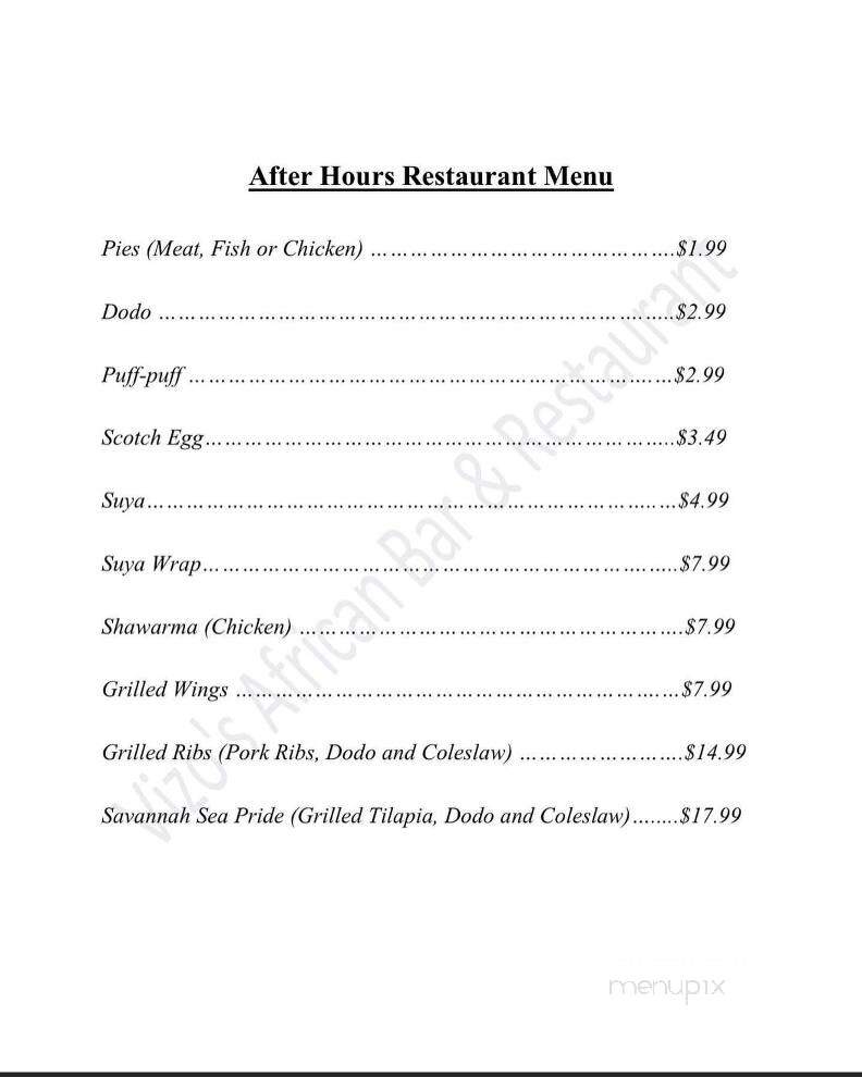 Vizo's African Bar & Restaurant - Lubbock, TX menu_pic