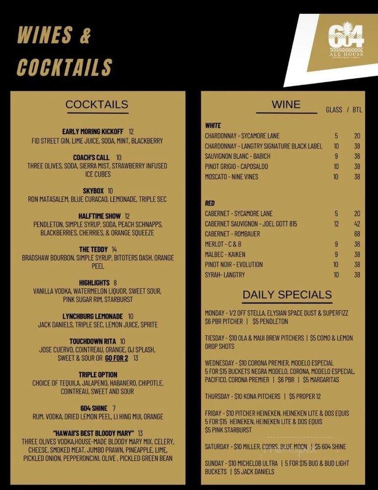 604 Ale House - Schofield Barracks, HI menu_pic