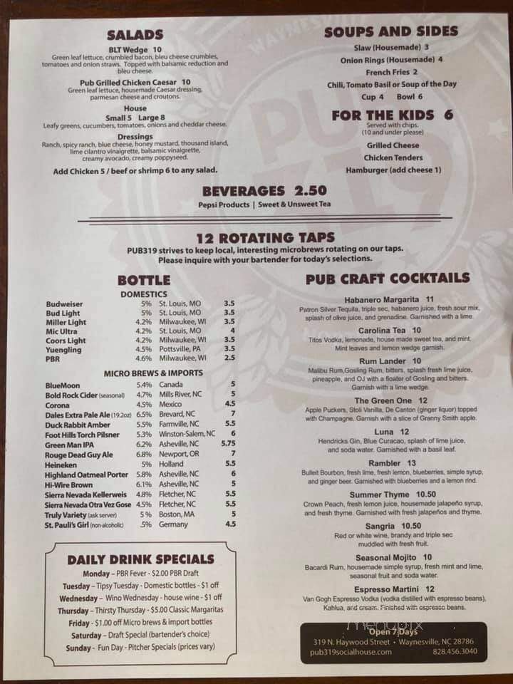 Pub 319 - Waynesville, NC menu_pic
