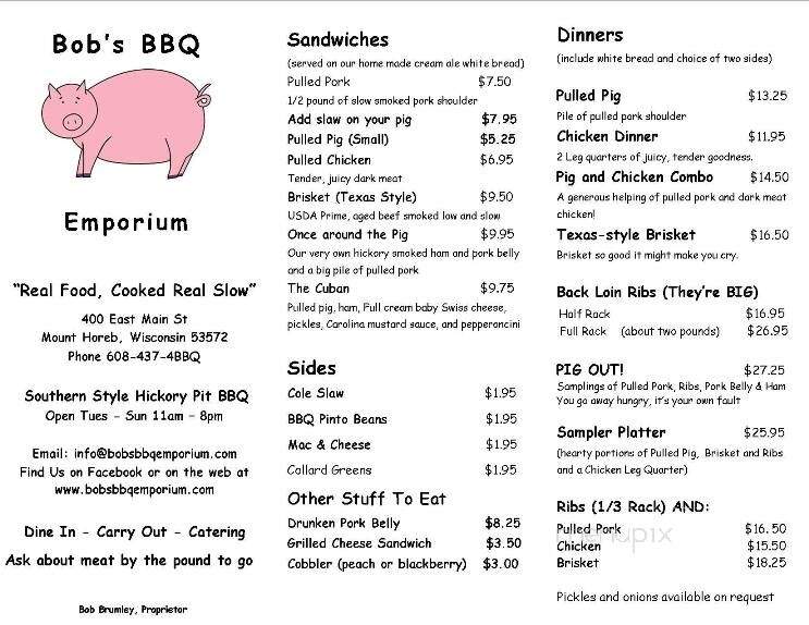 Bob's BBQ Emporium - Arena, WI menu_pic