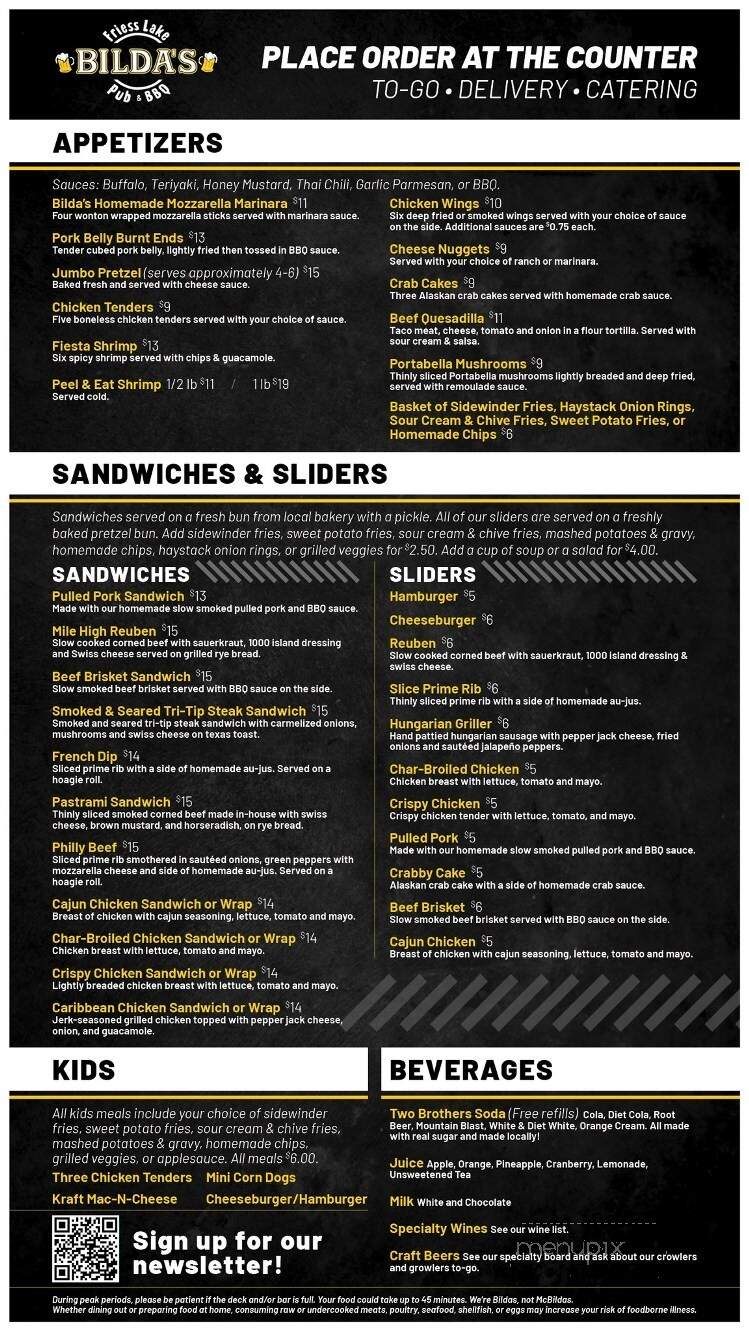 Bildas Friess Lake Pub - Hubertus, WI menu_pic