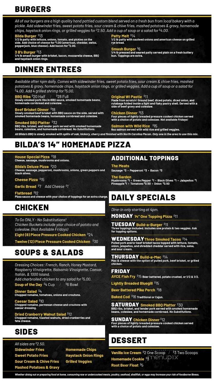 Bildas Friess Lake Pub - Hubertus, WI menu_pic