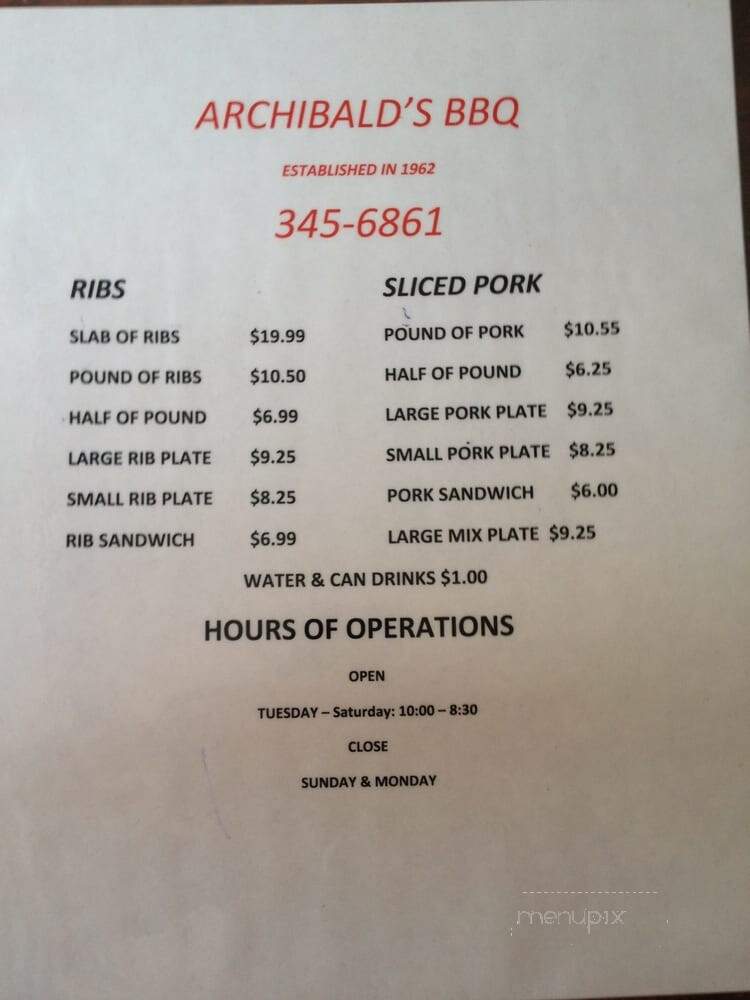 Archibald's BBQ - Northport, AL menu_pic