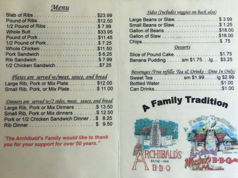 Archibald's BBQ - Northport, AL menu_pic