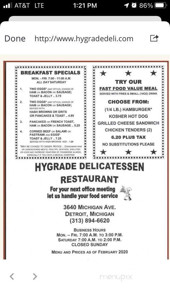 Hygrade Restaurant & Deli - Detroit, MI menu_pic